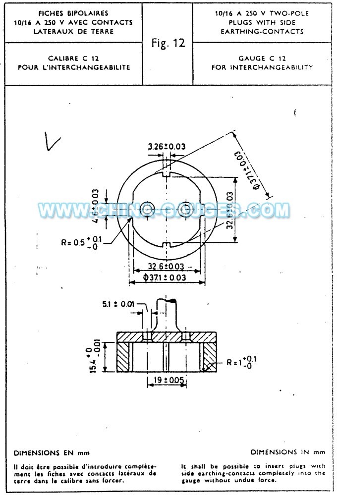 CEE7 C12 Gauges for 10/16A 250V Two-pole Plugs with Side Earthing-contacts